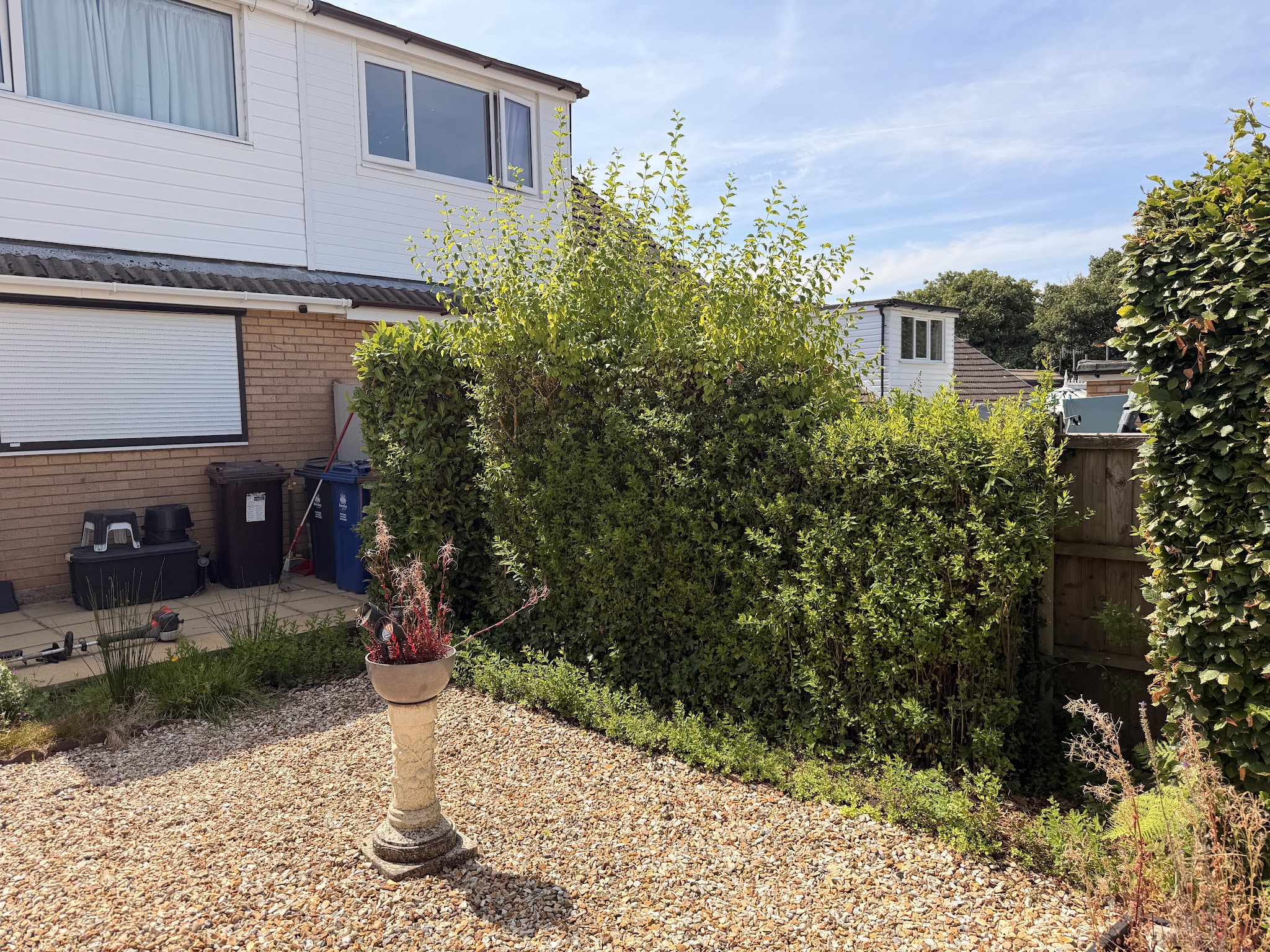 A front garden with gravel, a bird bath and trimmed hedges